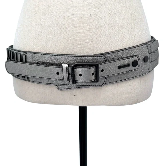 BURBERRY GUNMETAL PEWTER LEATHER WIDE WAIST BELT WITH PLEATED RUFFLES - Picture 2 of 16